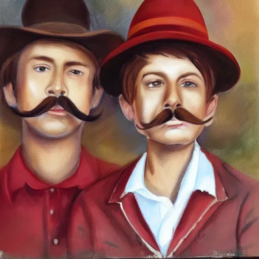 Prompt: a man with brown hair, mustache with a fedora hat, standing next to a boy with a red shirt a messy brown hair painting