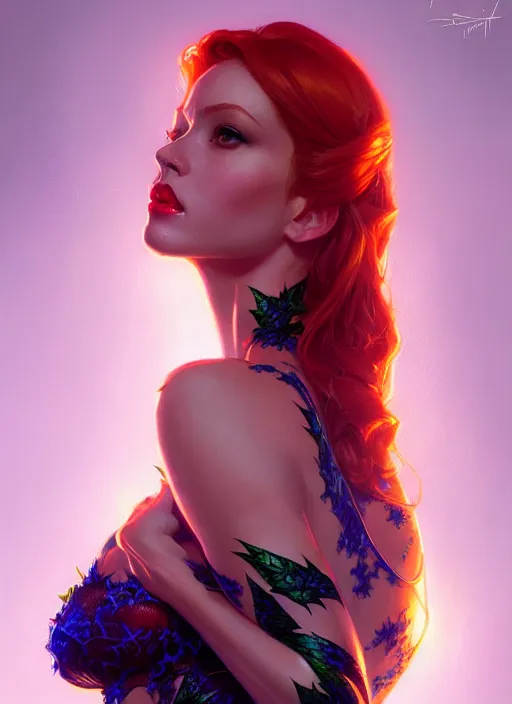 Image similar to portrait of poison ivy, intricate, elegant, glowing lights, highly detailed, digital painting, artstation, glamor pose, concept art, smooth, sharp focus, illustration, art by artgerm and greg rutkowski, artey freytag