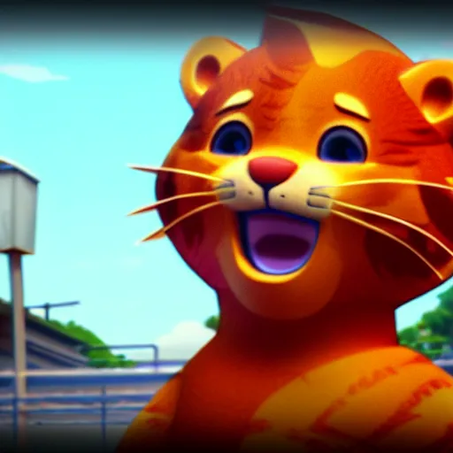 Image similar to render as a very grizzled 3d anime Daniel Tiger, full round round round round round round round face, short smile, cinematic lightning, medium shot, mid-shot, highly detailed, trending on Artstation, Unreal Engine 4k, cinematic wallpaper