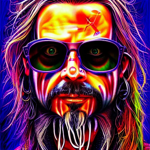 Prompt: An extremely psychedelic portrait of Rob Zombie with sunglasses, surreal, LSD, face, detailed, intricate, elegant, lithe, highly detailed, digital painting, artstation, concept art, smooth, sharp focus, illustration