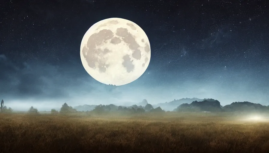 Image similar to a beautiful landscape at night, big moon on the right, stars in the sky, matte painting, dark blue tones, high contrast, intricate details, concept art, 4 k