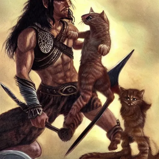 Image similar to highly detailed fantasy art of a weak and skinny conan the barbarian fighting a malnourished kitten