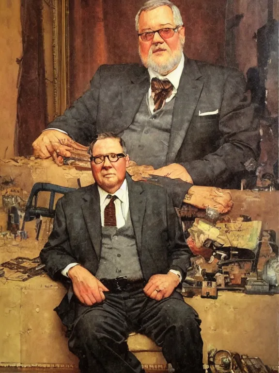 Image similar to portrait of orson scott card seated, in a style blend of norman rockwell and frederick remington and mort kunstler, oil painting, volumetric lighting, intricate details