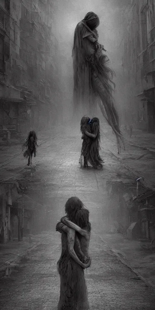 Image similar to death child and women hugging in an empty street, in the style of keith thompson and zdzislaw beksinski, artstation hd, 8 k, surrealistic digital artwork, post apocalyptic street