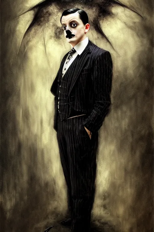 Image similar to gomez addams, dark - colored suit and tie, gothic, young, castilian descent, man, full - body, realistic portrait, ethereal, soft clean focus, art by emil melmoth, gustave dore, craig mullins, yoji shinkawa, art germ, pete morbacher, david lynch, hyper detailed, high detail, artstation, hyperrealistic, unreal