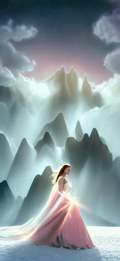 Image similar to royalty angel, big wings, argentina, natalie portman, hudson river school, max rive, full plate armor, f 1 6, bokeh, gentle, female, snowy mountain, storm clouds, god rays, close up portrait, d & d, fantasy, elegant, teal pink white gold color palette, concept art, roger deakins and greg rutkowski and alphonse mucha