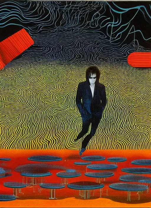 Prompt: Jean-michel jarre in wading through a landscape of modular analog synthesizers c1970, surrealist psychedelic painting