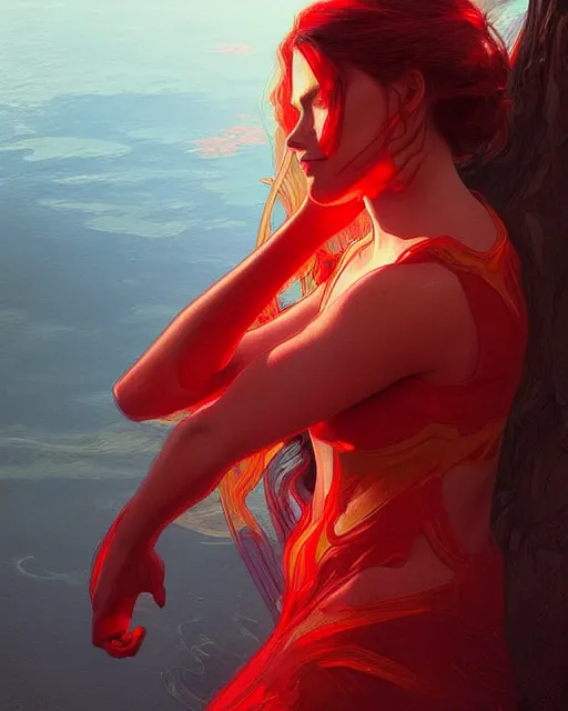 Image similar to emily rajtkowski, lake, red, flames everywhere, highly detailed, digital painting, artstation, concept art, smooth, sharp focus, illustration, art by artgerm and greg rutkowski and alphonse mucha