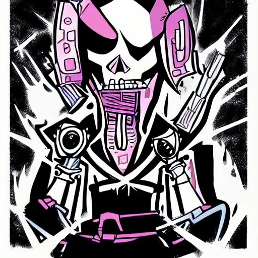 Image similar to a cyberpunk skull character drawn by genndy tartakovsky in the style of samurai jack