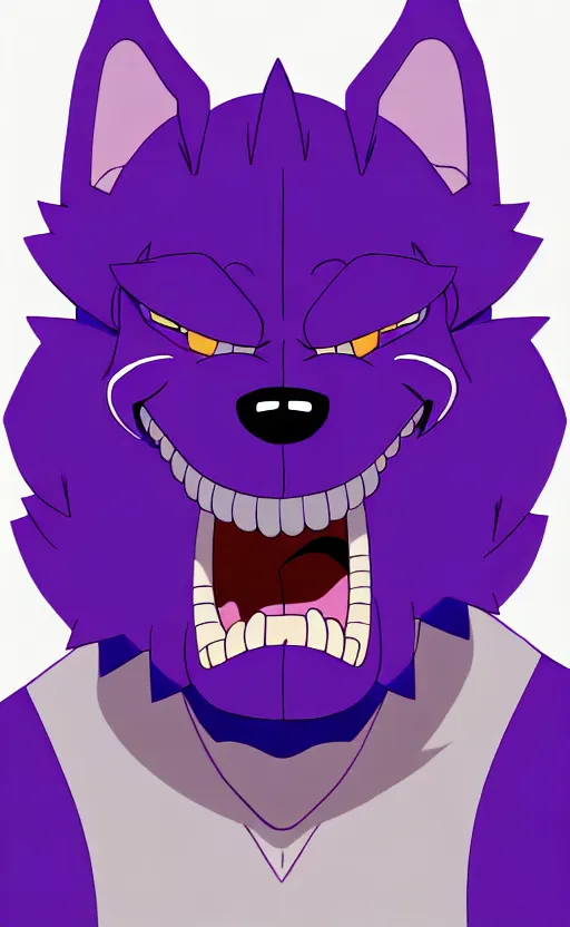 Prompt: painting of an anthropomorphic bulky muscular purple dog, furry style, wearing jeans, deviant art, fursona, professional furry drawing, insanely detailed, bulky dog face, doing a pose from jojo's bizarre adventure, detailed veiny muscles, exaggerated features, beautiful shading, huge white teeth, grinning, colorful background