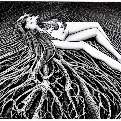 Prompt: surreal fey reclining on cosmic roots, infinity, clean ink, line art, concept art