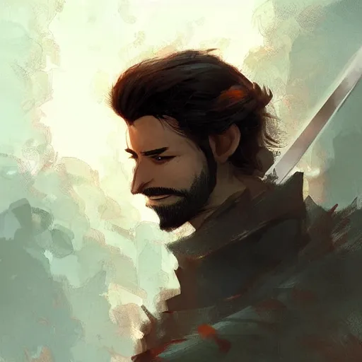 Image similar to a brown haired young swordsman with a short beard in the style of marc simonetti