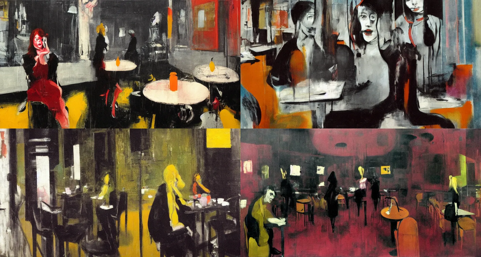 Prompt: a college girl in a dark void cafe, painted by Francis Bacon, style of Adrian Ghenie, Brett Amory, Peter Doig