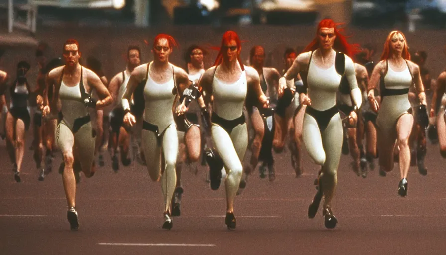 Image similar to The matrix, LeeLoo, Starship Troopers, Clarice Starling, Sprinters in a race with a clear winner, The Olympics footagein a stadium, intense moment, cinematic stillframe, Robby Mueller, The fifth element, vintage robotics, formula 1, starring Geena Davis, sports photography, clean lighting