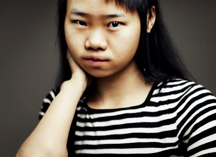 Prompt: closeup portrait of a young expressive malaysian tomboy woman, pouting, futuristic hairstyle, tank top with black and white stripes, long sleeves, portra 4 0 0 candid photograph portrait by annie leibovitz, 3 5 mm macro shot, f / 3 2, hyperrealistic, cinematic lighting, hd wallpaper, 8 k, 4 k