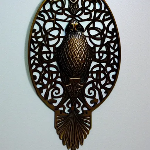 Prompt: gorgeous ornated bronze realistic detailed falcon office decoration with filigree, islamic calligraphy