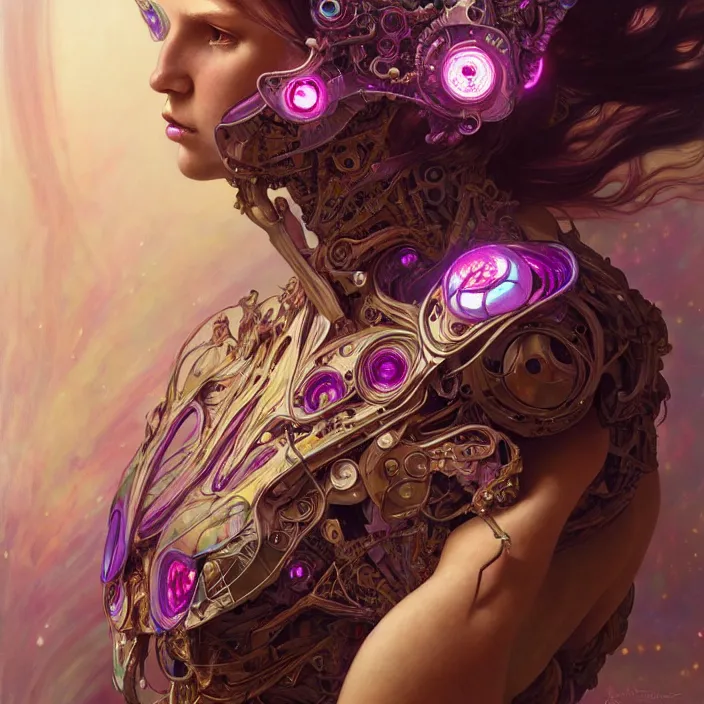 Image similar to psychedelic organic cyborg, orchid, diffuse lighting, fantasy, intricate, elegant, highly detailed, lifelike, photorealistic, digital painting, artstation, illustration, concept art, smooth, sharp focus, art by John Collier and Albert Aublet and Krenz Cushart and Artem Demura and Alphonse Mucha