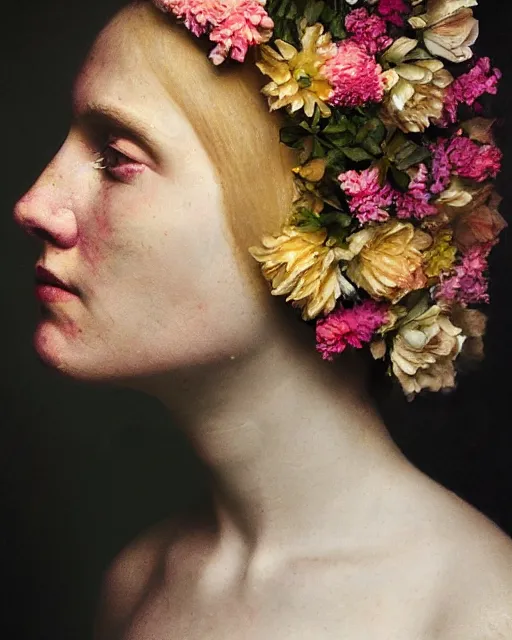 Image similar to a woman's face in profile, blonde, made of flowers, in the style of the Dutch masters and Gregory Crewdson, dark and moody