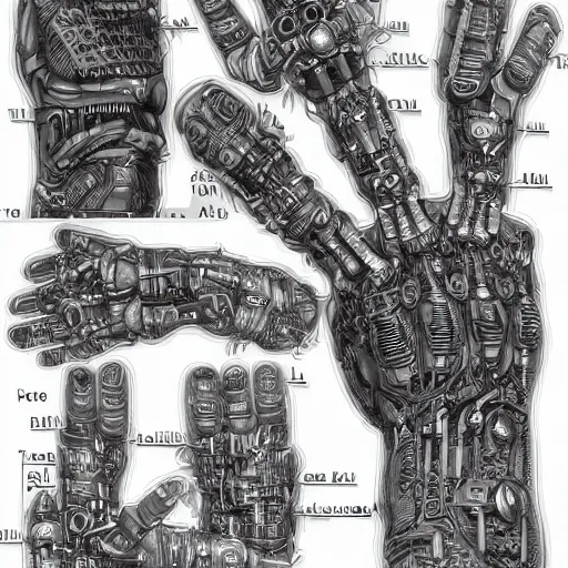 Prompt: parts diagram of a cybernetic hand with all parts labeled, intricate and detailed assembly drawing of a cybernetic hand, symmetrical fine details, jaw dropping details, fantasy concept art, hyper realistic illustration, 8 k, artstation