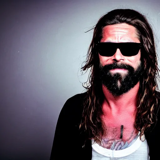 Prompt: cinematic photo of 3 9 - year - old french bearded long - haired yoga punk singer wearing wraparound sunglasses. he also works as a commercial model and actor. looks like brad pitt. telling jokes on a smoky stage in los angeles.