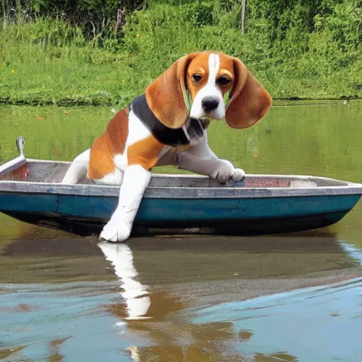 Image similar to a beagle building a boat in a bay