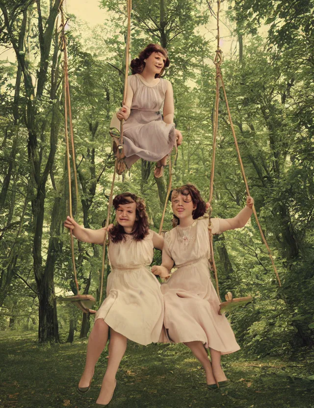 Image similar to two girls in vintage dresses happily swing on hanging swings in the forest, motion photo, Cottage core, Cinematic focus, Polaroid photo, vintage, neutral colors, soft lights, foggy, by Steve Hanks, by Serov Valentin, by lisa yuskavage, by Andrei Tarkovsky, by Terrence Malick, by Krenz Cushart, 8k render, detailed, oil on canvas