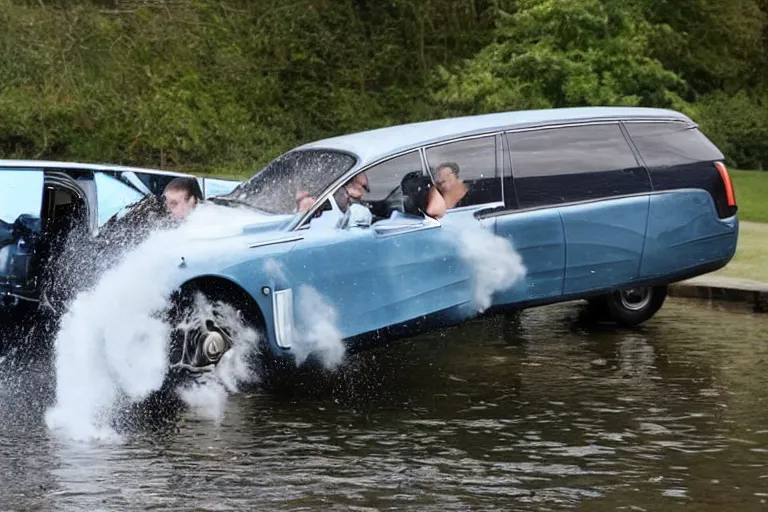 Image similar to Group of teenagers push Rolls-Royce into lake from small slide