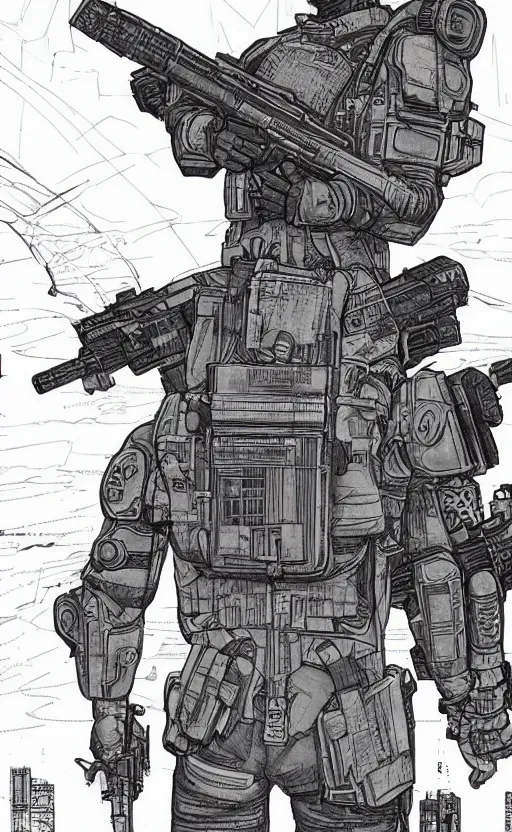 Image similar to a cyberpunk soldier with tactical gear and a rifle patrols a Japanese city on mars, Industrial Scifi, detailed illustration, character portrait, by Martin Grip and Moebius