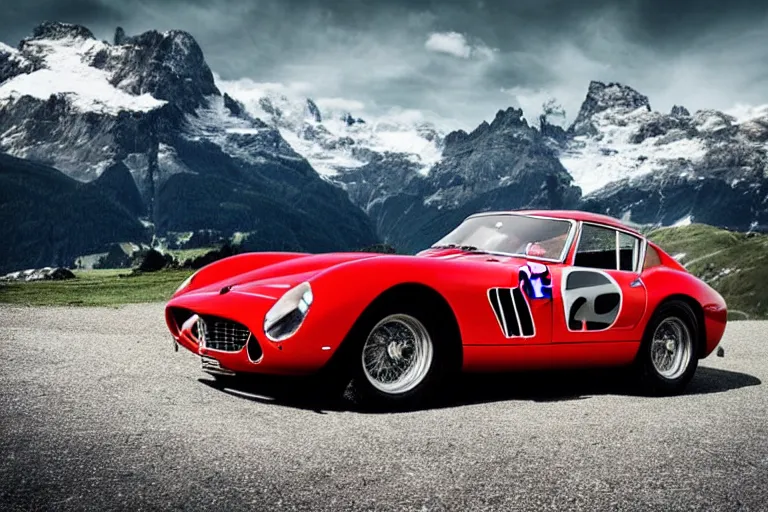 Prompt: car photography of “Ferrari 250 GTO series 2” in the Swiss Alps by Emmanuel Lubezki