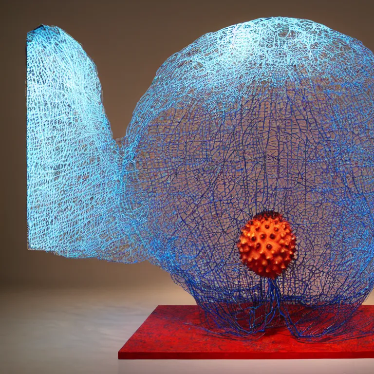 Image similar to hyperrealistic sculpture of a bronze ancient fossilized sea urchin arched shape with opalescent blue and iridescent red spraypaint in a plywood grid cage on a pedestal by ron mueck and duane hanson and lee bontecou, hyperrealistic dramatic colored lighting trending on artstation 8 k