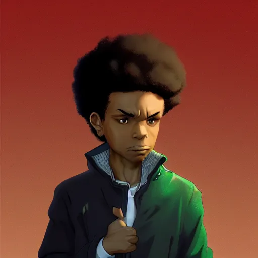 Prompt: Portrait of Huey freeman from the boondocks , Graceful body structure,cute,Symmetrical face,highly detailed,elegant,Marc Simonetti and Caspar David Friedrich, Trending on artstation