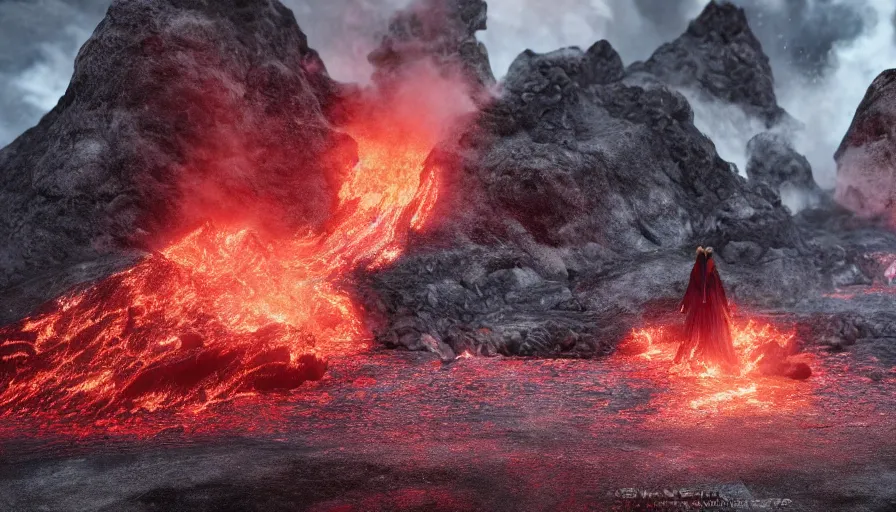 Prompt: A designer fashion Catwalk on a active volcano with lava, Fashion Photography, Octane, Redshift, High Detail