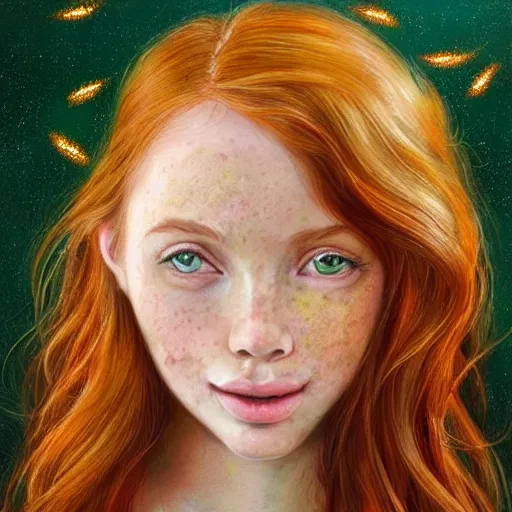 Prompt: a highly detailed, hyper realistic, full body gorgeous portrait of a red haired young woman, surrounded by the like of golden fireflies, long hair, green eyes, hint of freckles, round gentle face, cheeky smile, romantic, deep focus, elegant, digital painting, smooth, sharp, golden ratio, illustration, art by artgerm and caravaggio