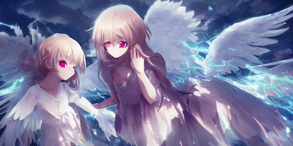 Image similar to a battle between an angel!!!!!!! anime girl and a demon made out of crystal!!!!!!!!, wide angle, cinematic lighting, highly detailed, official media, Sakimichan