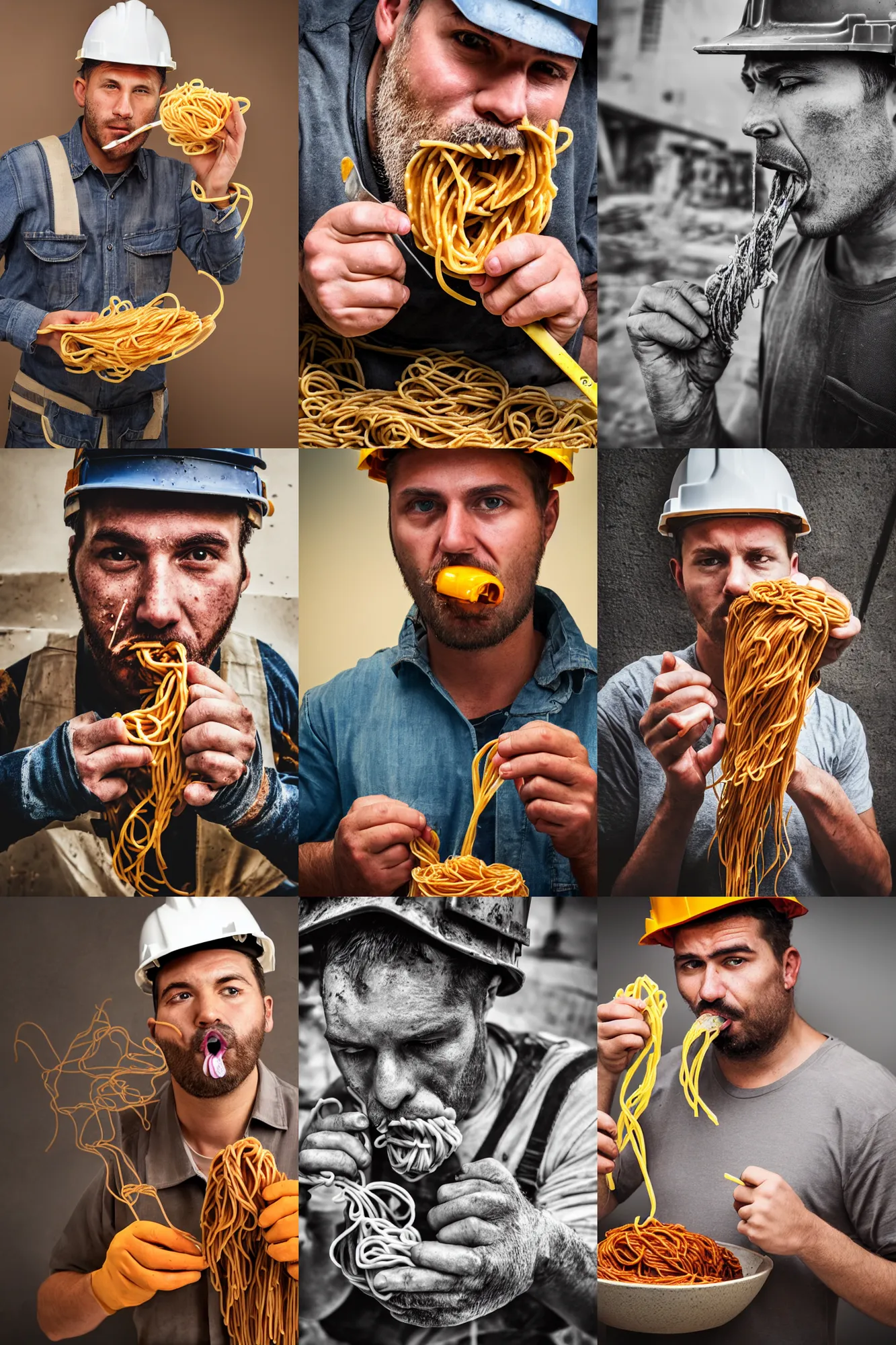 Prompt: extremely detailed portrait of construction worker, eating spaghetti from a bowl, using fork, lazy eyes, slurping spaghetti, dirty chin, full frame, award winning photo by unknown