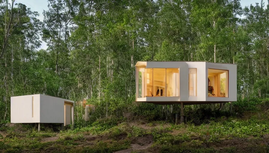 Image similar to A wide image of an eco-community of innovative contemporary 3D printed prefab sea ranch style cabin with rounded corners and angles, beveled edges, made of cement and concrete, organic architecture, in a lush green forest Designed by Gucci, Balenciaga, and Wes Anderson, golden hour