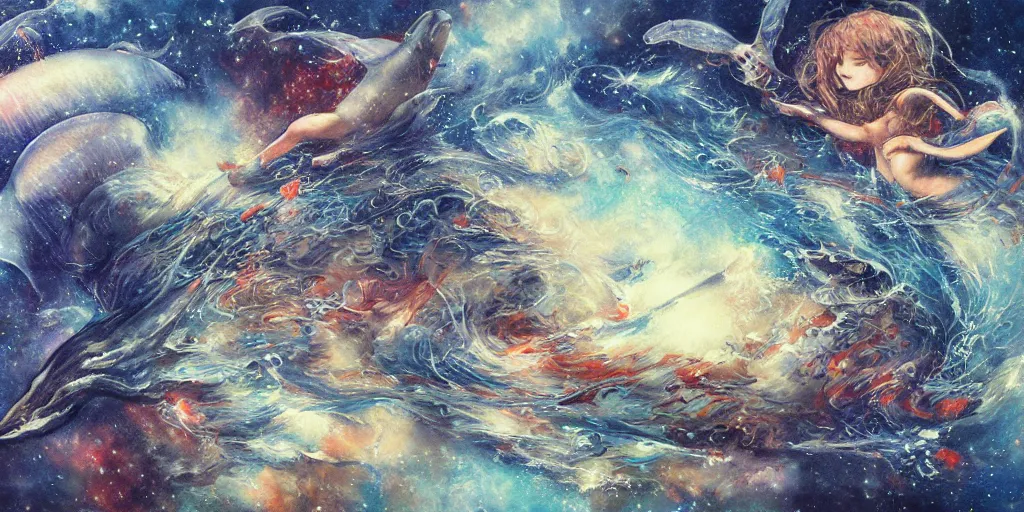 Prompt: detailed painting of aquatic animals swimming in space, whales, turtles, sting rays, colorful nebulas, planets, in the style of ayami kojima, artem demura