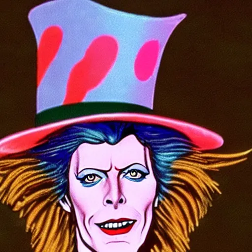 Prompt: David Bowie as the mad hatter in Walt Disney's Alice in Wonderland (1963), classic animated art