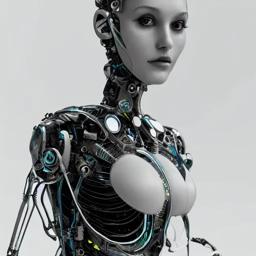 Prompt: beautiful centered fine art photo portrait of beautiful girl as a solarpunk robotic humanoid, white mechanical parts with led lights, classical pose, photorealistic, white background, highly detailed and intricate, soft box lighting, hdr 8 k