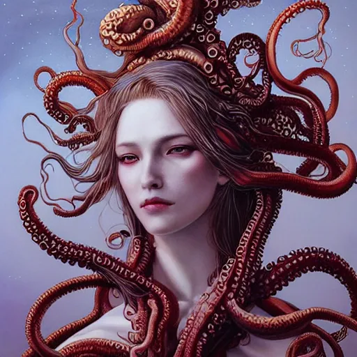 Image similar to a woman with tentacles on her head, an ultrafine detailed painting by ayami kojima, cgsociety, fantasy art, lovecraftian, cosmic horror, detailed painting