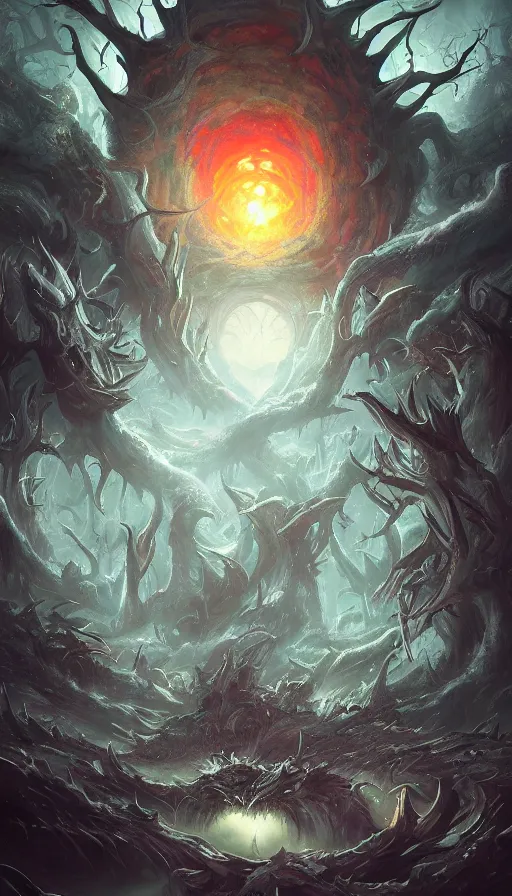 Image similar to a storm vortex made of many demonic eyes and teeth over a forest, by ross tran