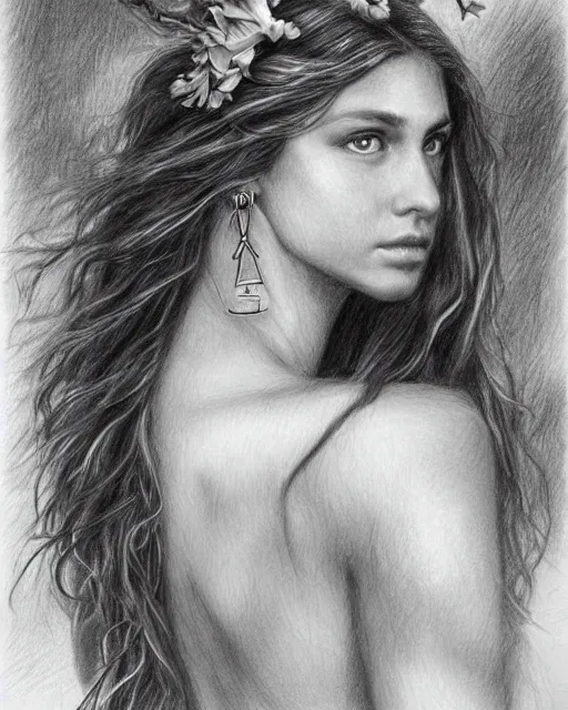 Image similar to pencil drawing of a beautiful greek goddess aphrodite wearing a laurel wreath and arrowhead earrings, beautiful confident and piercing eyes, beautiful flowing hair, hyper realistic face, in the style of greg rutkowski, fantasy, amazing detail, epic, elegant, smooth, sharp focus, from the front