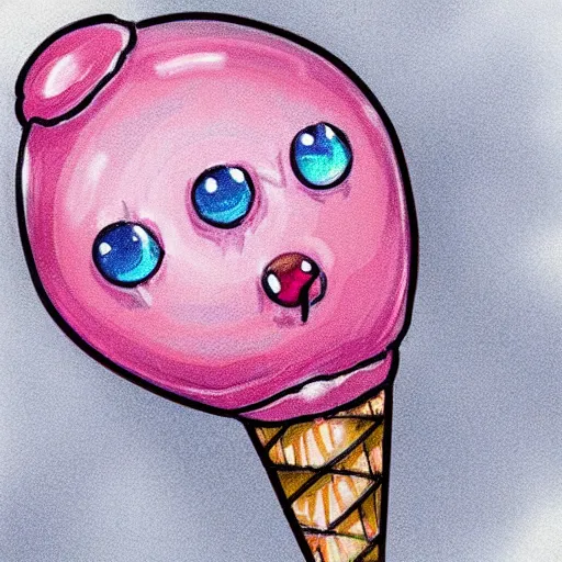 Image similar to cute wobbly eyes mouth pink ice cream, blue waffle cone, 2 0 2 2 intricate concept art, line drawing