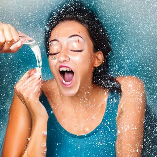 Prompt: happy excited model with an open mouth and closed eyes pouring water on her face