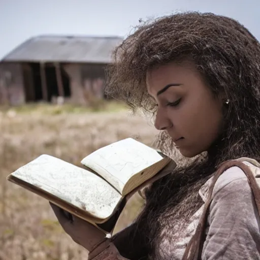 Image similar to a young woman finds a dusty diary on the floor of an abandoned farmhouse, post apocalyptic