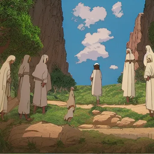 Prompt: the life of jesus christ by studio ghilbli | still of studio ghibli film | beautifully detailed | jesus enters jerusalem