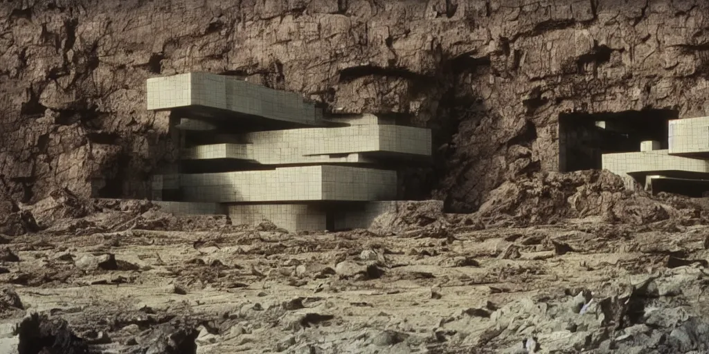 Image similar to sci - fi corporate headquarter building near a mining cave on a desolate mining planet, dark and beige atmosphere, 1 9 8 0 s science fiction film screenshot, film still, dark science fiction, ridley scott,