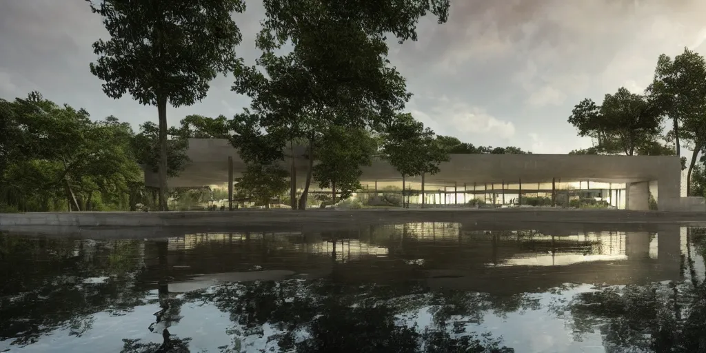 Prompt: a stunningly detailed arts center designed by Le Corbusier, surrounded by lush green forest, ponds of water, stunning volumetric lighting, sunset, metal, concrete, stunning skies, trending on Artstation, 8k, photorealistic, hyper detailed, unreal engine 5, IMAX quality, cinematic, epic lighting, in the style of Greg Rutkowski