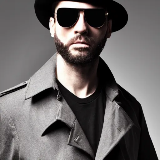 Prompt: a mysterious man with a beard, a trench coat, a dark hat and sunglasses