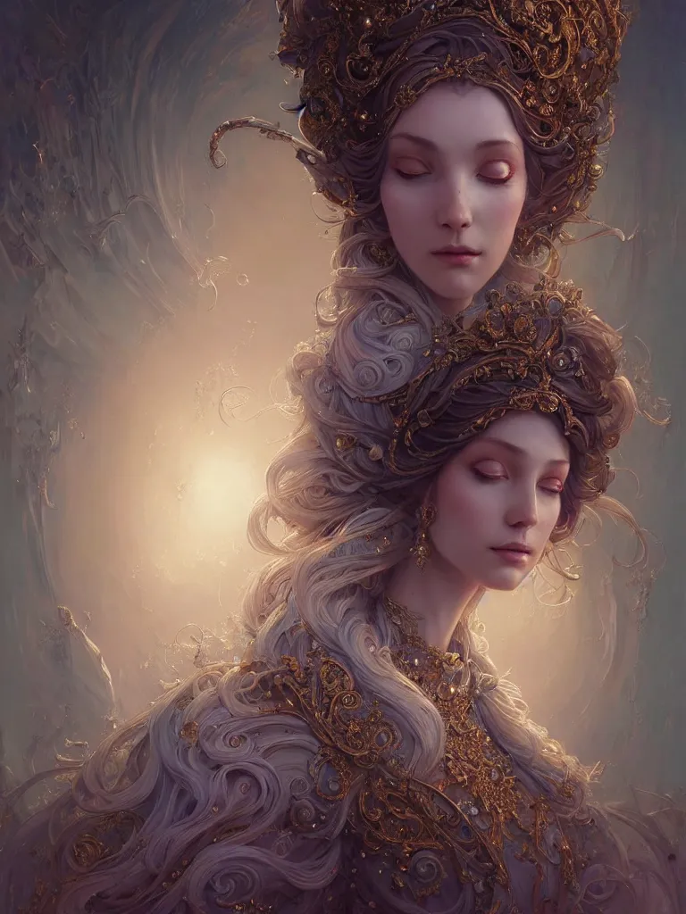 Image similar to highly detailed portrait of beautiful ethereal woman in ornate clothing, stephen bliss, unreal engine, fantasy art by greg rutkowski, loish, rhads, ferdinand knab, makoto shinkai and lois van baarle, ilya kuvshinov, rossdraws, tom bagshaw, global illumination, radiant light, detailed and intricate environment